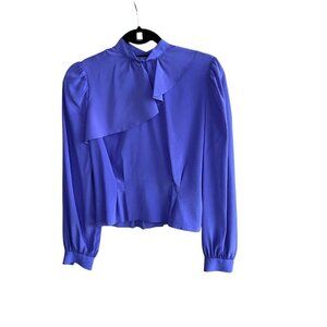 Vintage 80s Purple High Neck Ruffle Modest Secretary Blouse Size 5 Puffy Sleeves